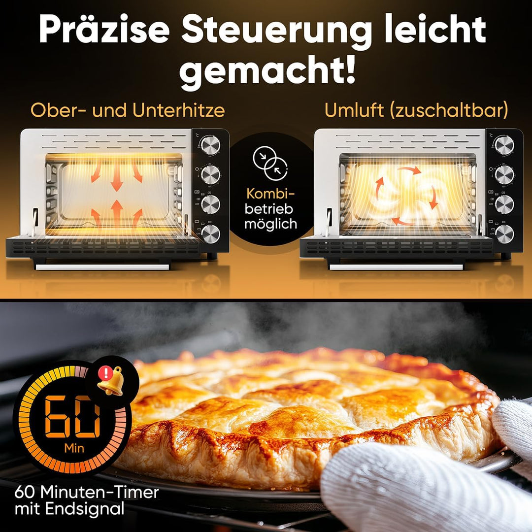 ProfiCook Minibackofen 30L | Umluft + Ober-/Unterhitze | Mini Backofen mit Drehspiess und Pizzastein