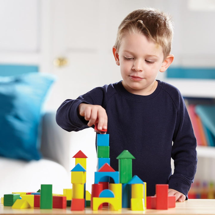 Melissa & Doug - Bauklötzchenset aus Holz (pädagogisches Spielzeug, 100 Blöcke in 4 Farben und 9 For