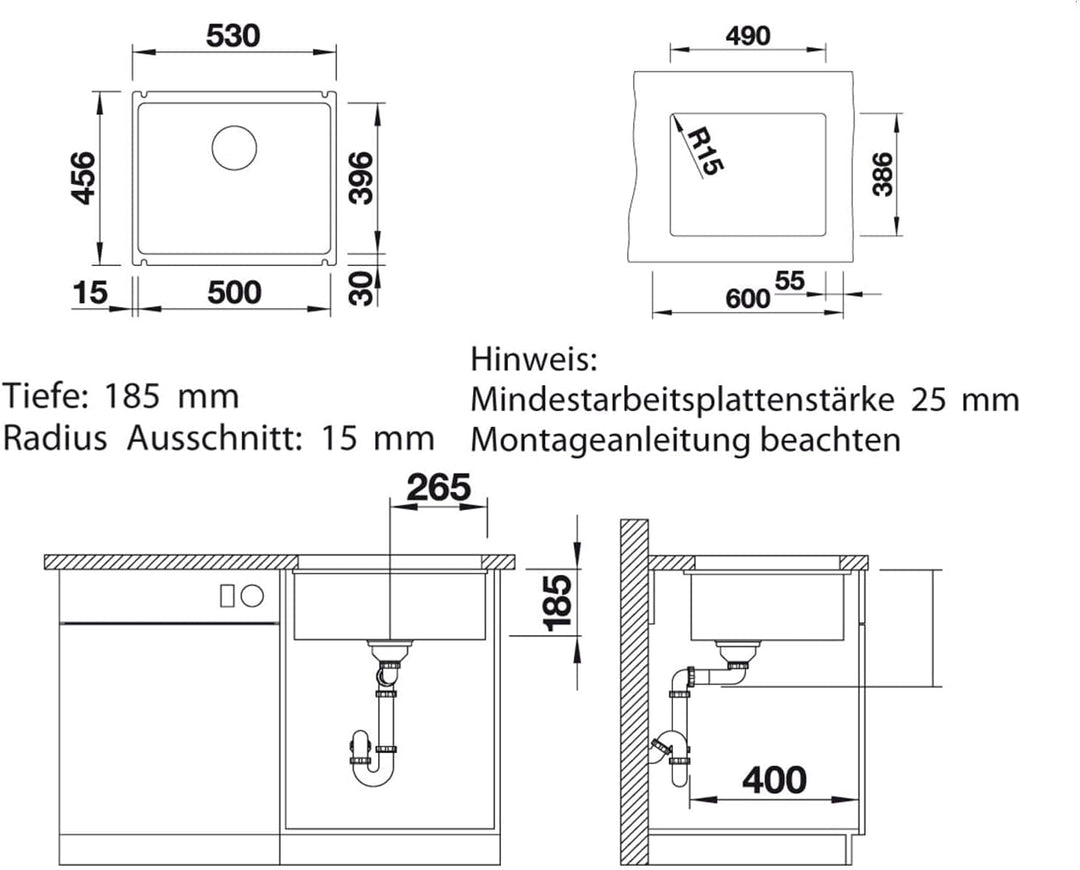BLANCO SUBLINE 500-U | SILGRANIT anthrazit | Einbauart: Unterbau | ohne Ablauffernbedienung | 60er U
