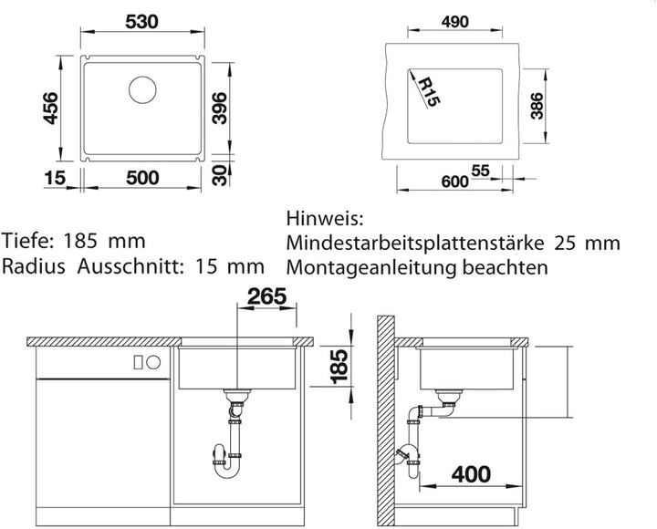 BLANCO SUBLINE 500-U | SILGRANIT anthrazit | Einbauart: Unterbau | ohne Ablauffernbedienung | 60er U
