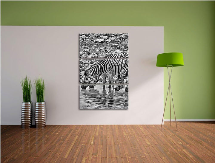 Pixxprint Zebraherde am Wasserloch als Leinwandbild/Grösse: 3 Teilig (120x80) cm/Wandbild/Kunstdruck