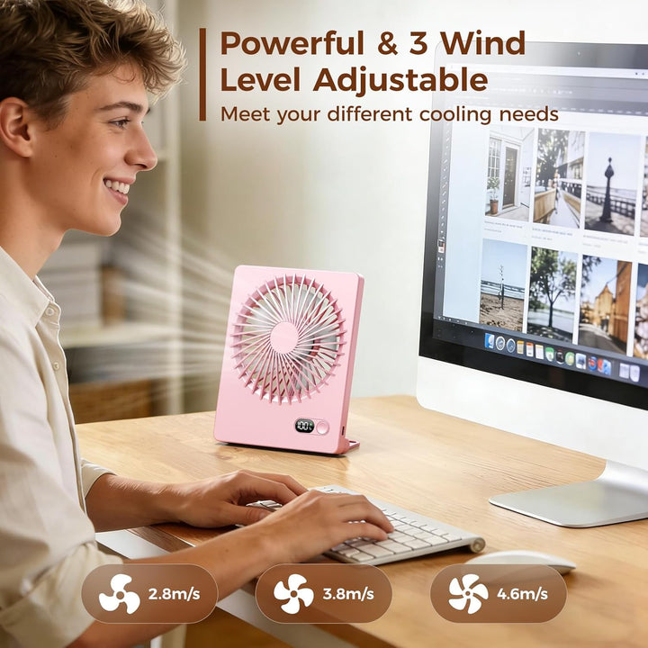 TriPole Leiser Tischventilator, 2000mAh USB Akkuventilator mit LED-Akkuanzeige, Laufzeit 6-16 Std, 3
