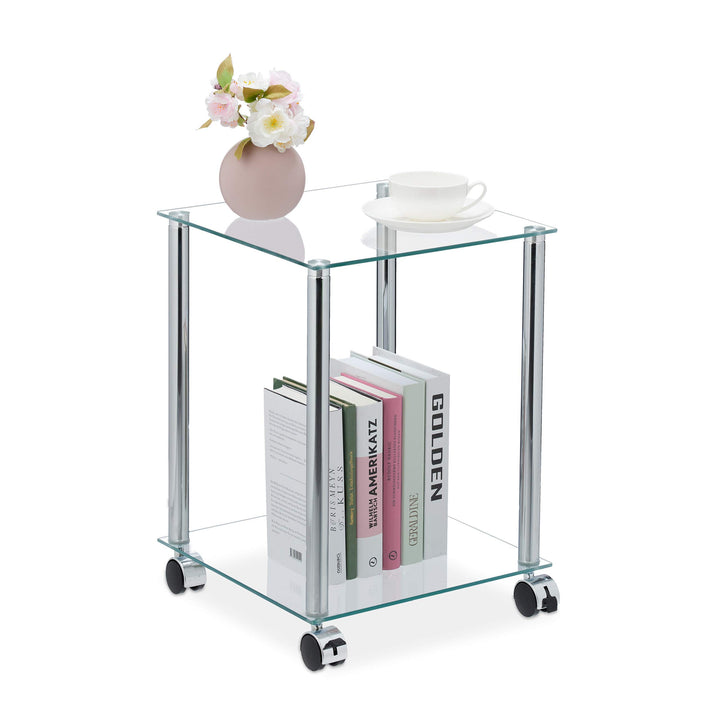 Relaxdays Beistelltisch mit Rollen, 2 Ablagen, eckig, Wohnzimmer, Glas & Stahl, mobiler Couchtisch,