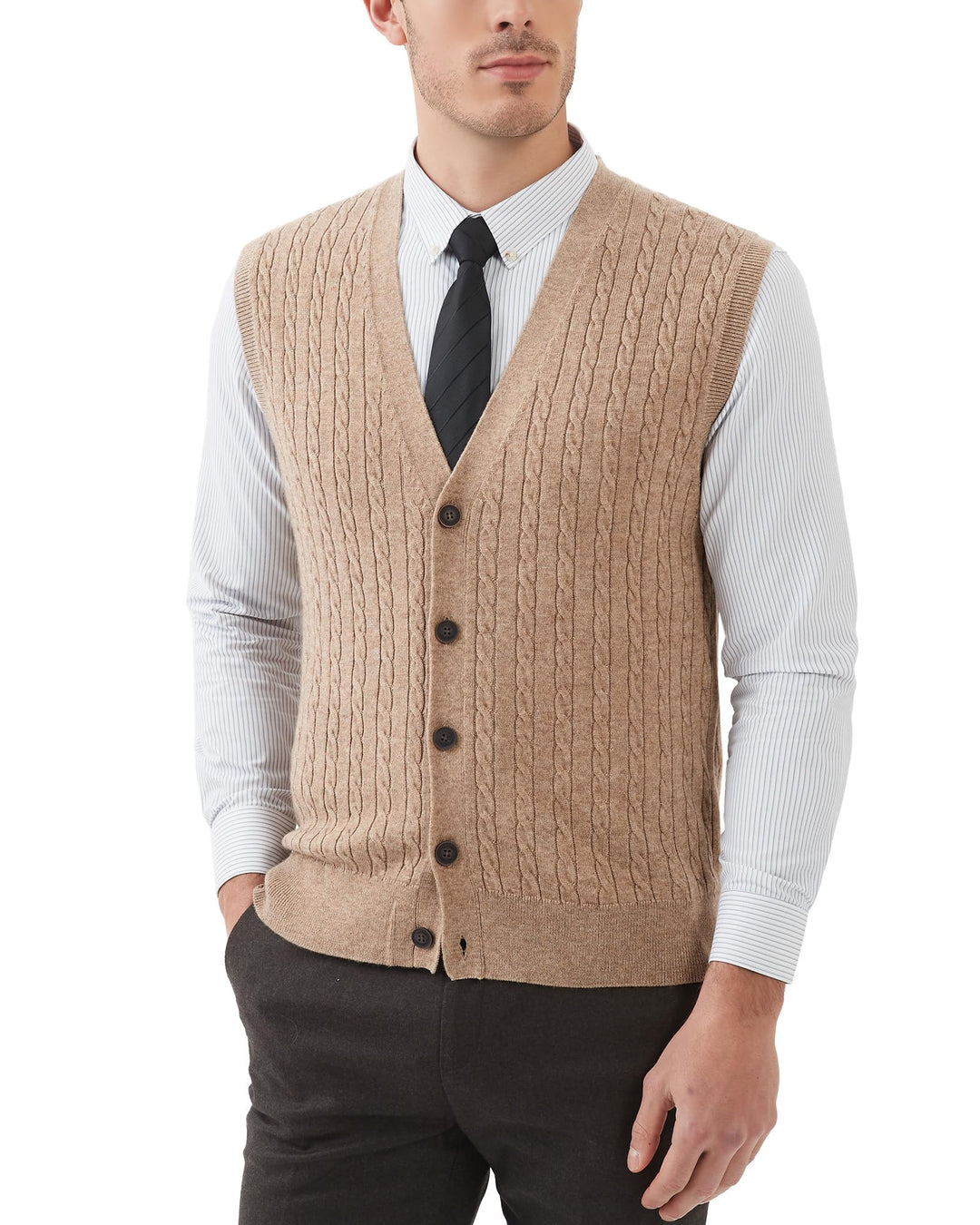 Kallspin Herren Strickweste Ärmellos Cardigan Wollmischung mit Zopfmuster und Knöpfen M Kaffee, M Ka