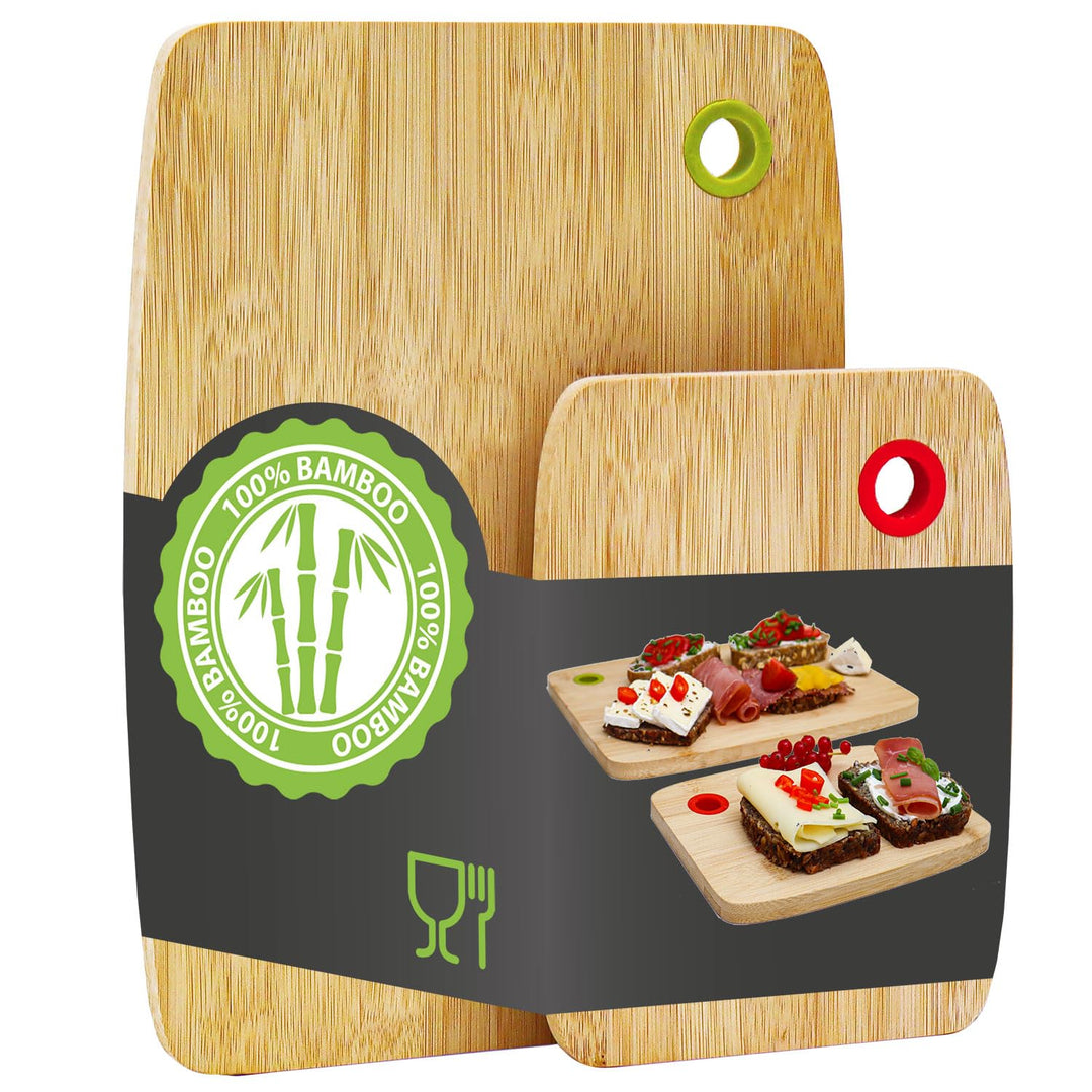 DuneDesign Massiv & Beständig: Farbcodiertes Schneidebrett Bambus 2er Set - 30x22cm Antibakterielles