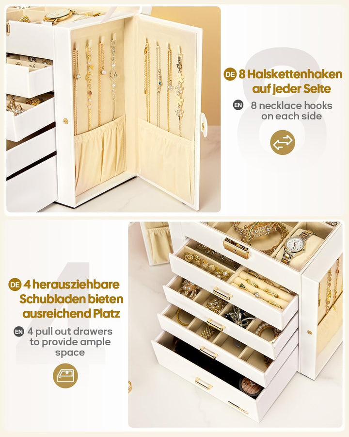 Seelux Schmuckkoffer Schmuckkasten mit fünf Fächern und Seitenklappen Weiss + Gold, Weiss + Gold