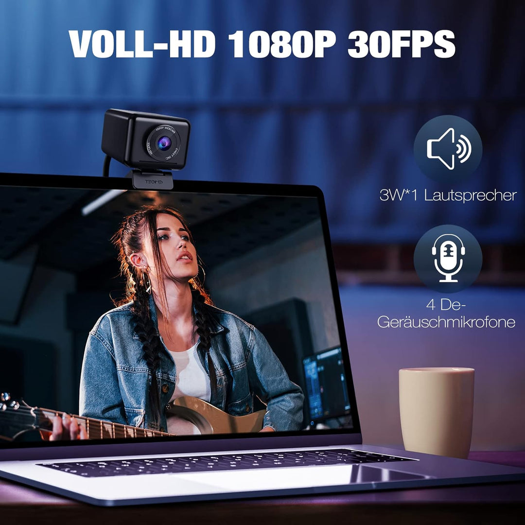 EMEET 1080P HD Webcam, Streaming Webcam mit 4 De-Noise Mikros, Smart KI Fokus & Low-Light Korrektur,