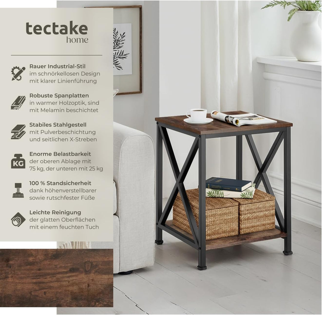 tectake® Industrial Möbel, Beistelltisch Holz und Metall, Schlafzimmer Nachttisch mit 2 Ebenen, Couc