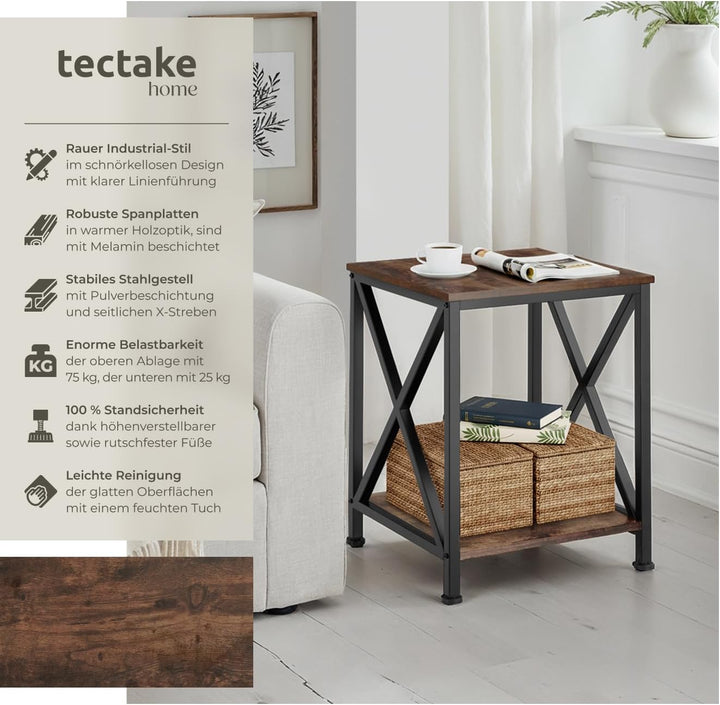 tectake® Industrial Möbel, Beistelltisch Holz und Metall, Schlafzimmer Nachttisch mit 2 Ebenen, Couc