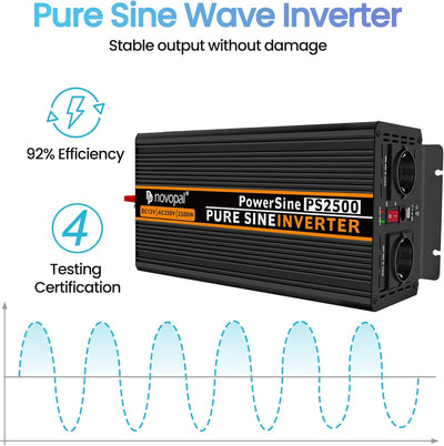 NOVOPAL 2500W Wechselrichter 12v Auf 230v Reiner Sinus Spannungswandler mit 2 EU-Steckdose und Einer