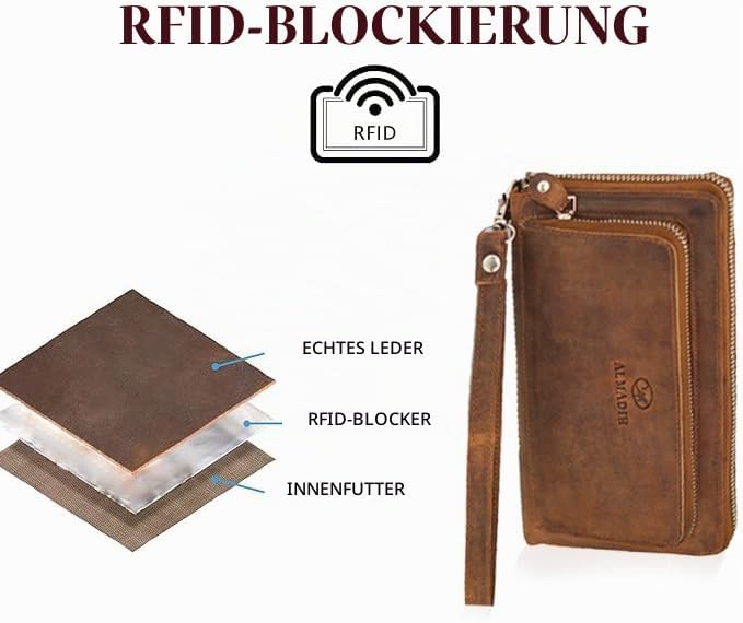 ALMADIH RFID Damen Portemonnaie Avery Premium Rindsleder BV - 12 Kartenfächer, Handyfach, Metall-Rei