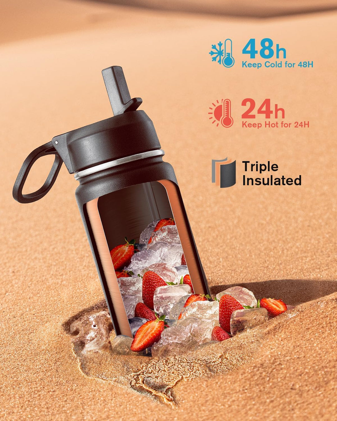 Coolflask Isolierte Wasserflasche 710 ml, Wasserflasche mit Strohhalm & 3 Deckeln, Isolierte trinkfl