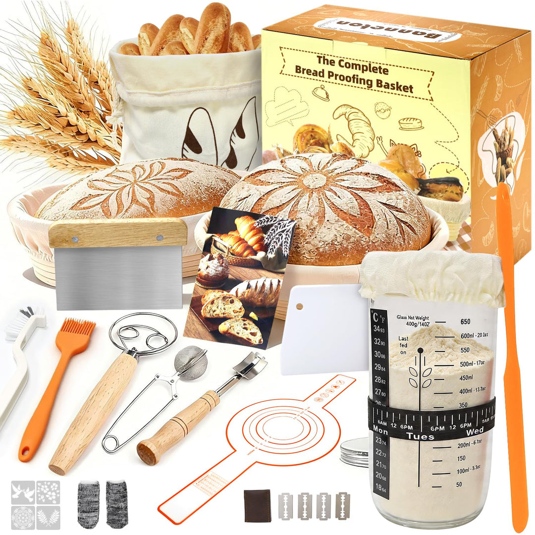 Sauerteig Starter Set, 12-teilig Brotbackset, Runder und Ovaler Gärkorb aus Rattan, Brotlame, Teigsc