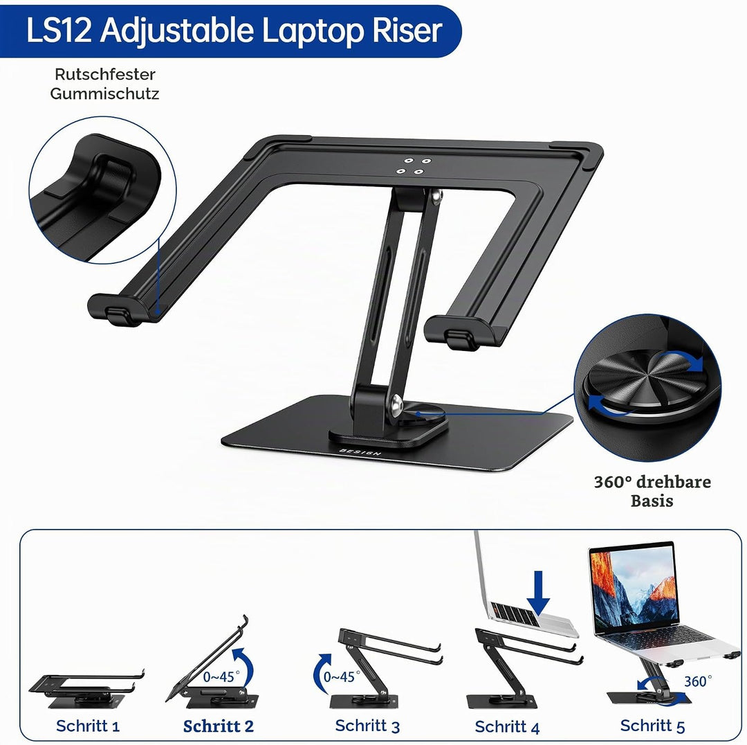BESIGN LS12 Laptop ständer mit 360 Drehbarer Basis, Verstellbarer ergonomischer Notebook-Ständer, La