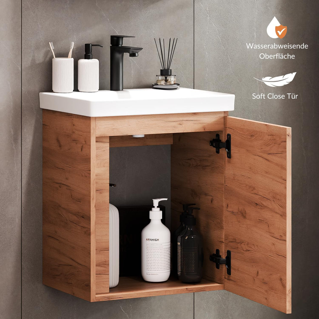 Planetmöbel Waschtischunterschrank 50 cm Gold Eiche mit Armatur Schwarz mit Wasserhahn Schwarz matt