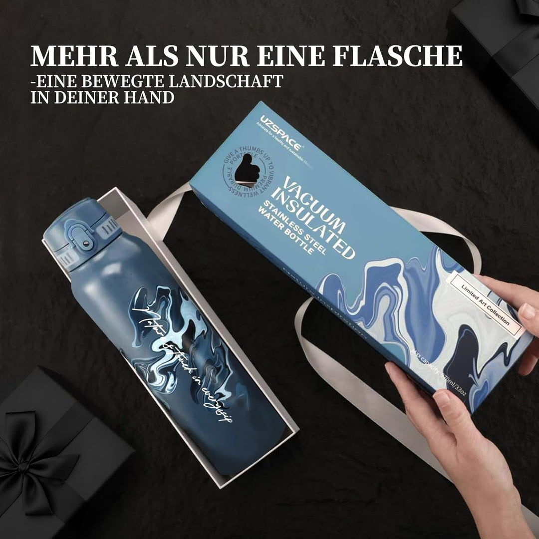 UZSPACE Edelstahl Trinkflasche 1l (970ml), Isolierte Thermosflasche mit 1-Klick-Öffnung, 100% Auslau