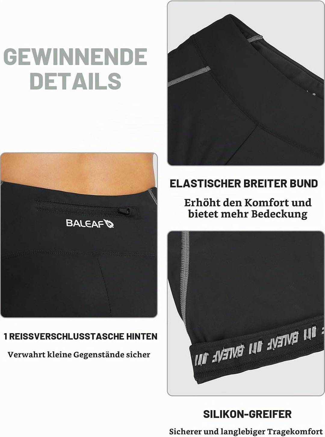BALEAF Damen 3/4 Radlerhose Kurz Radhose Atmungsaktiv Fahrradhose Gepostert M 1-schwarz-grau, M 1-sc