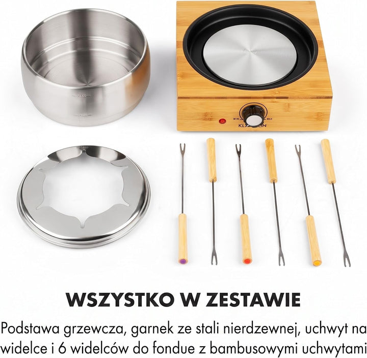 Klarstein Bambus Fondue, 800 Watt, Edelstahl-Topf, Gerätebasis aus Bambus, Füllmenge 1,3 Liter max.,