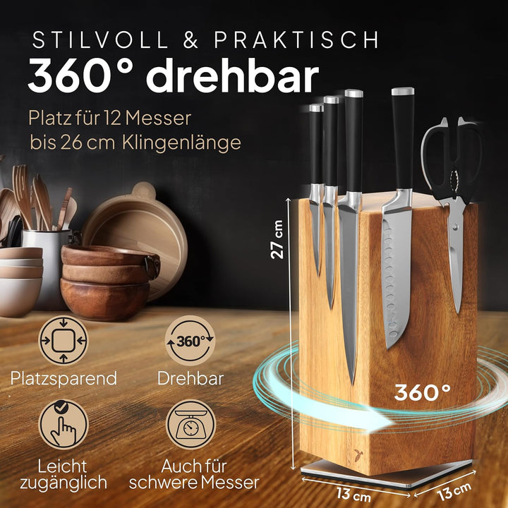 Messerblock Drehbar 360 Grad Magnetisch Ohne Messer Akazienholz – Magnet-Messerhalter Universal Unbe