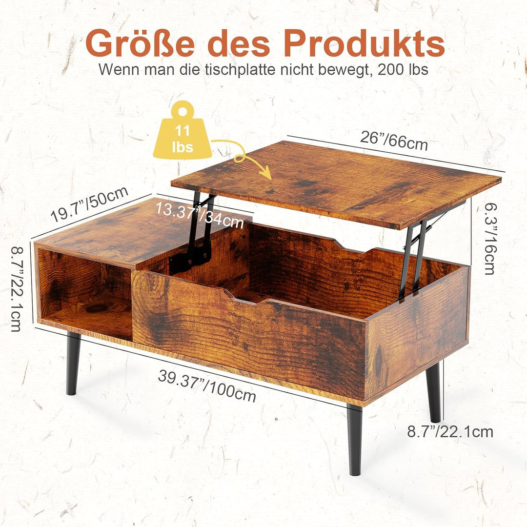 NEWBULIG Couchtisch mit Hebeplatte, mit verstecktem Fach, Kleiner Esstisch für Zuhause, Wohnzimmer,