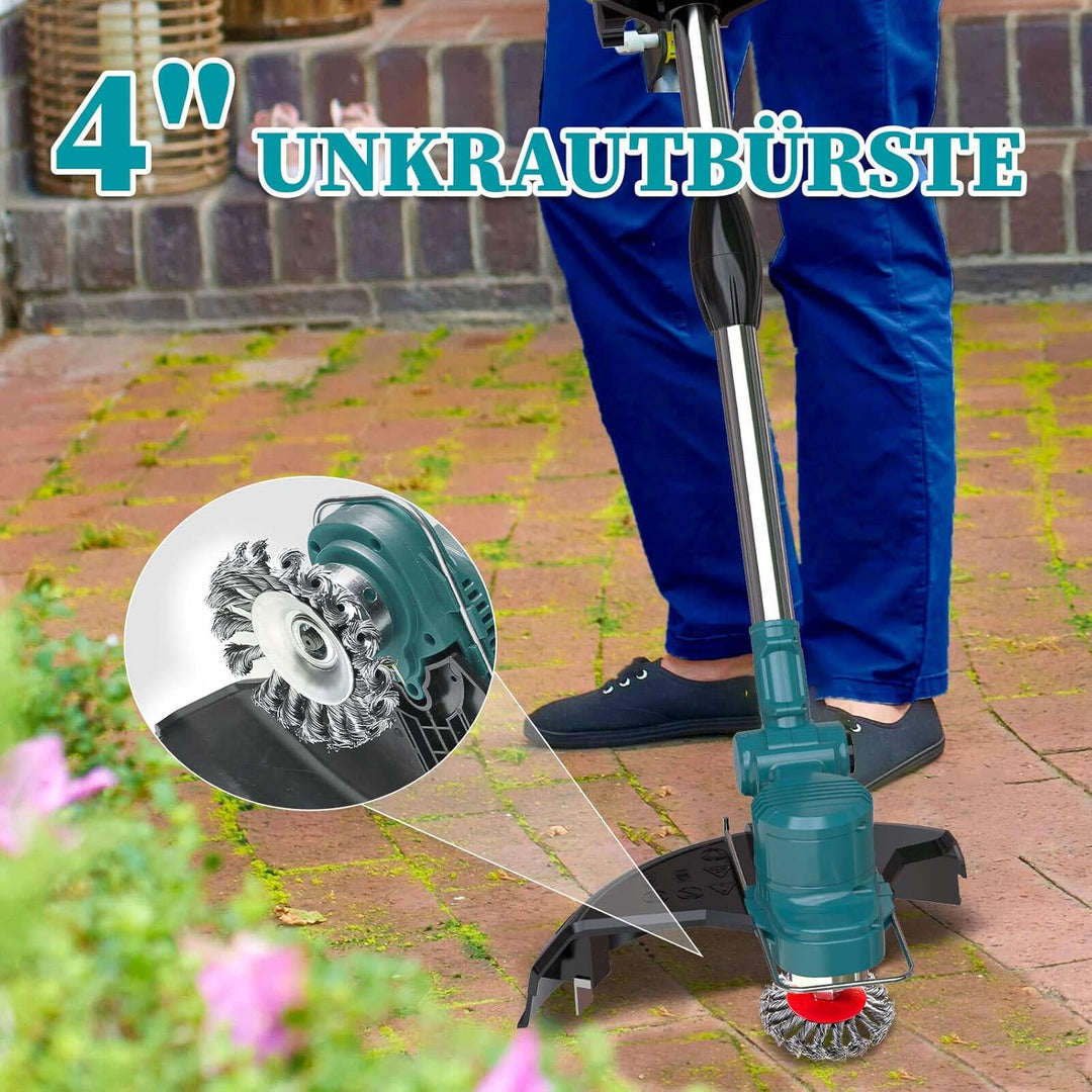 Hengriacly Akku Rasentrimmer mit Akku, Freischneider mit Unkrautbürste Enthält 2 4000mAh Batterien,