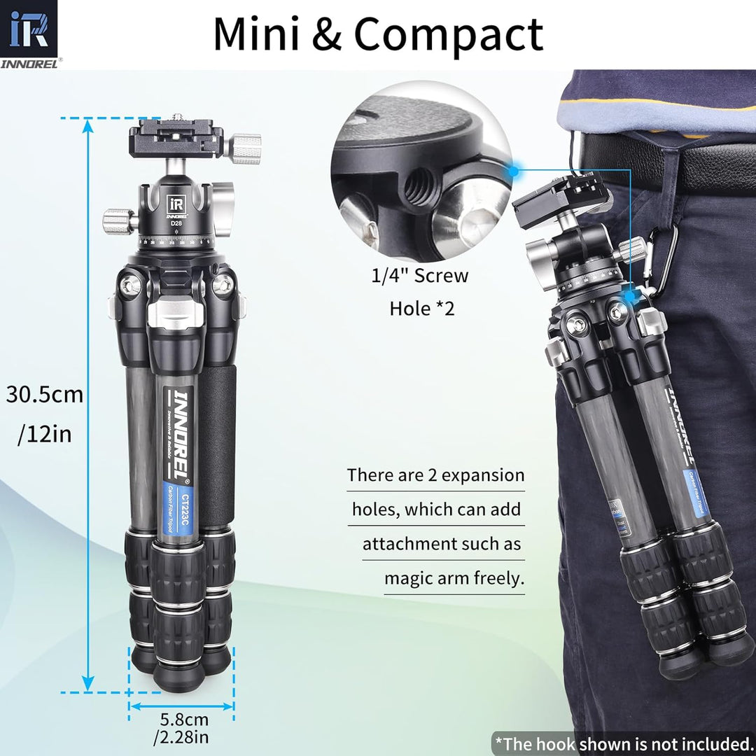 INNOREL CT223C 10-lagiges Kohlefaser-Tischstativ mit 28 mm niedrigem Profil-Kugelkopf und Mittelsäul