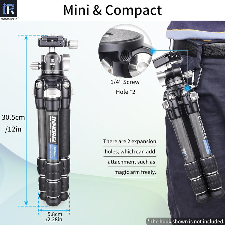 INNOREL CT223C 10-lagiges Kohlefaser-Tischstativ mit 28 mm niedrigem Profil-Kugelkopf und Mittelsäul