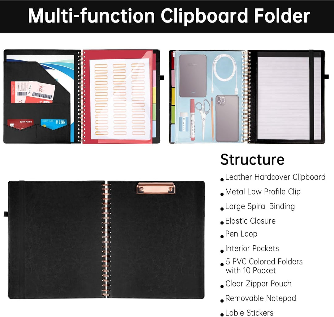 HAUTOCO PU-Leder Klemmbrett Folio mit Zip Beutel, Klemmbrettmappe A4 mit nachfüllbarem Notizblock, K