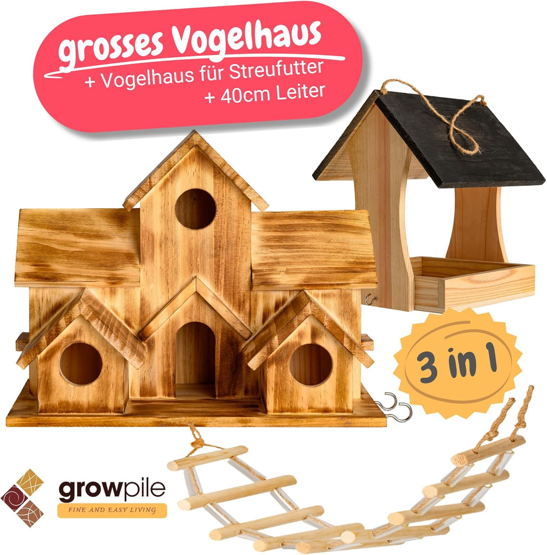 growpile Vogelhaus-Box grosses Vogelhaus mit 5 Nistplätzen und Kleiner Leiter und einem Vogelfutterh