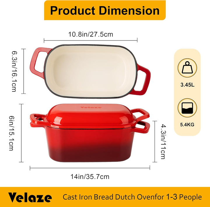 Velaze Schmortopf mit Deckel, Quadrat Gusseisen Topf 3,45L, 28cm Gusseisen Bräter mit Deckel Backofe