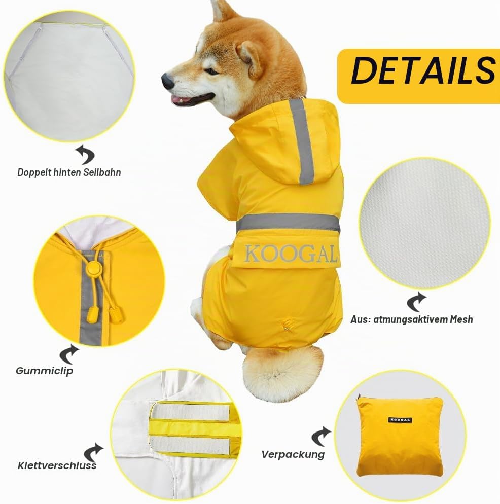 KOOGAL Grosse Hunde Regenjacken Mit Kapuze,Hunde Regenmantel,Mit Reflektierenden Sicherheitsstreifen