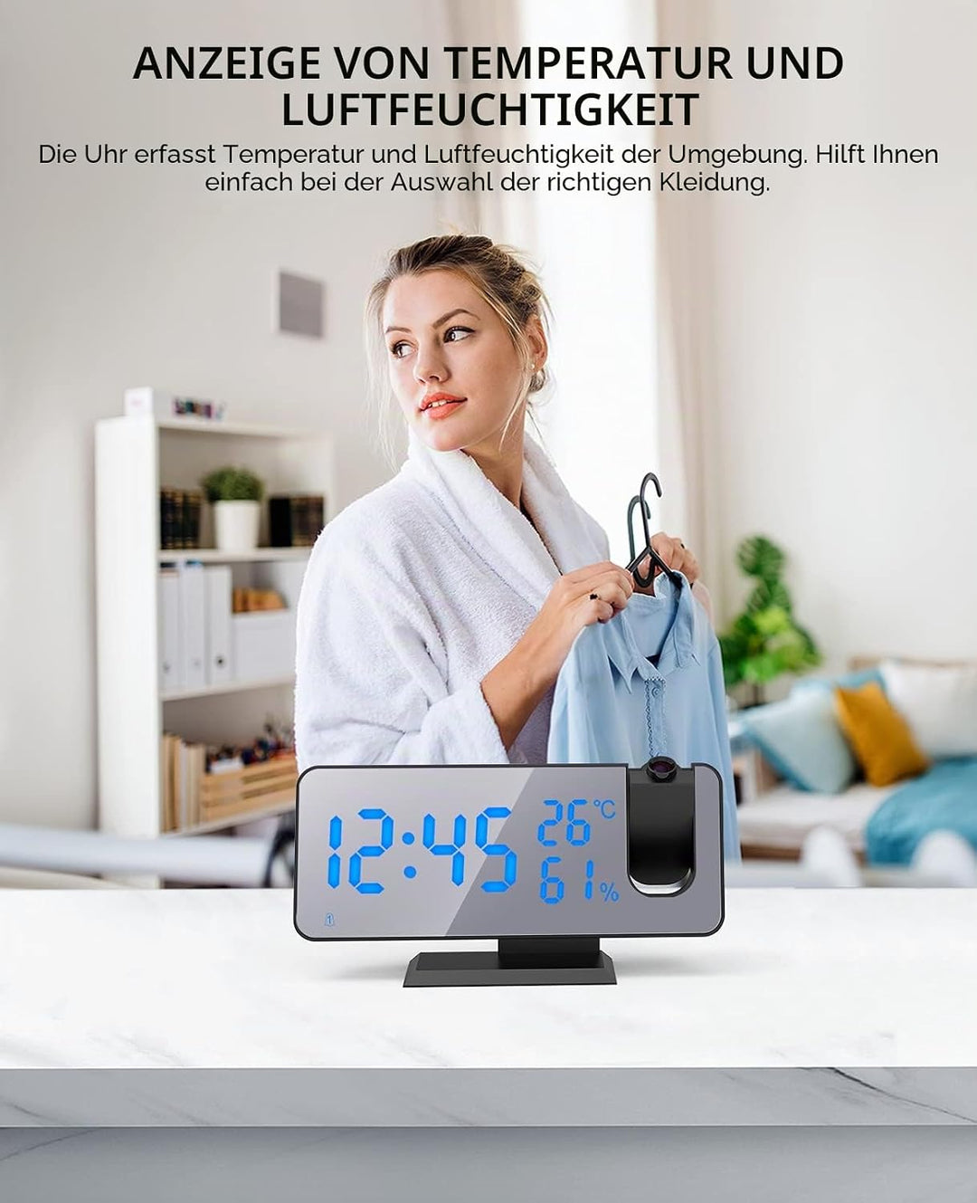 ShinePick Projektionswecker, Digital Wecker mit Projektion, Radiowecker mit USB-Anschluss Snooze Dua