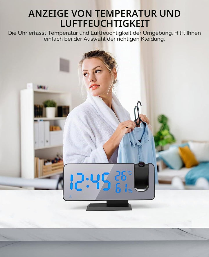 ShinePick Projektionswecker, Digital Wecker mit Projektion, Radiowecker mit USB-Anschluss Snooze Dua