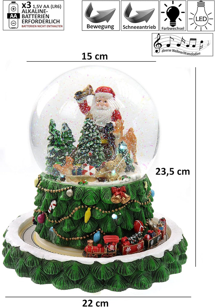 Schneekugel/Spieluhr Tannenbaum ⌀150mm, weihnachtlicher Sockel mit rotierendem Zug, Musik, Licht &amp; S