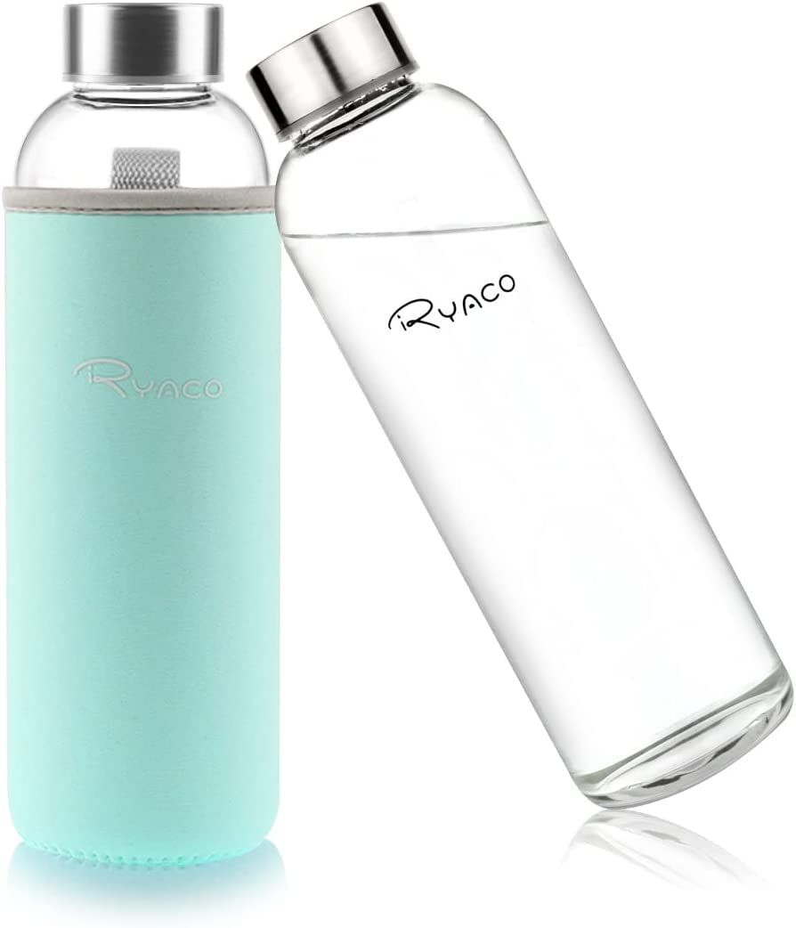 Ryaco Trinkflasche aus Glas 550ml/750ml/1000ml/1L,Glasflasche mit Neoprenhülle,Glastrinkflasche mit