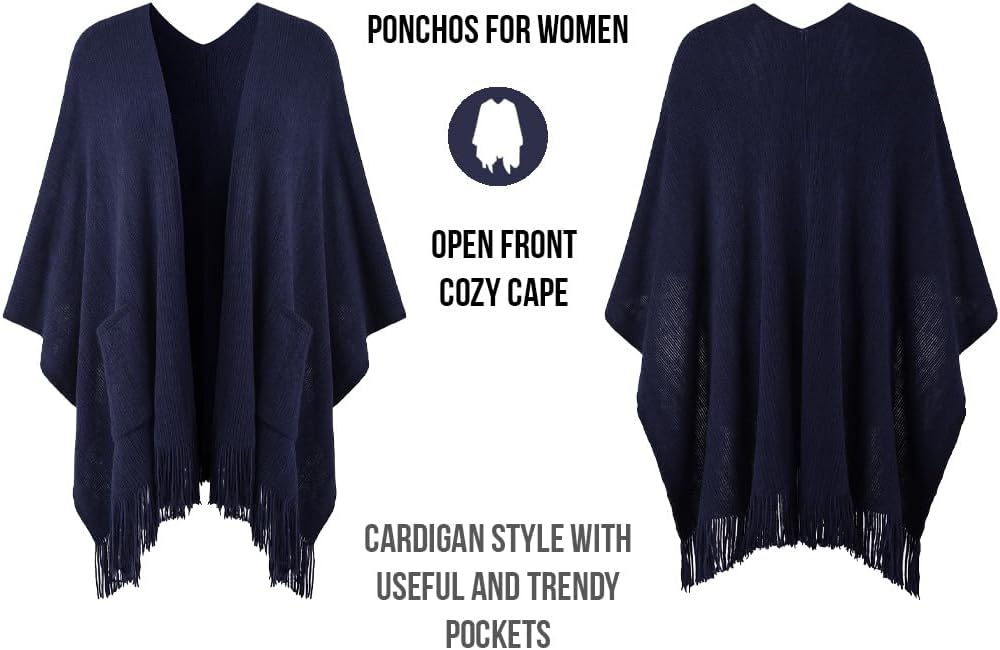 Ferand Damen Poncho mit Offener Vorderseite und Taschen, Weiche Strick Cape mit Fransen für Herbst W