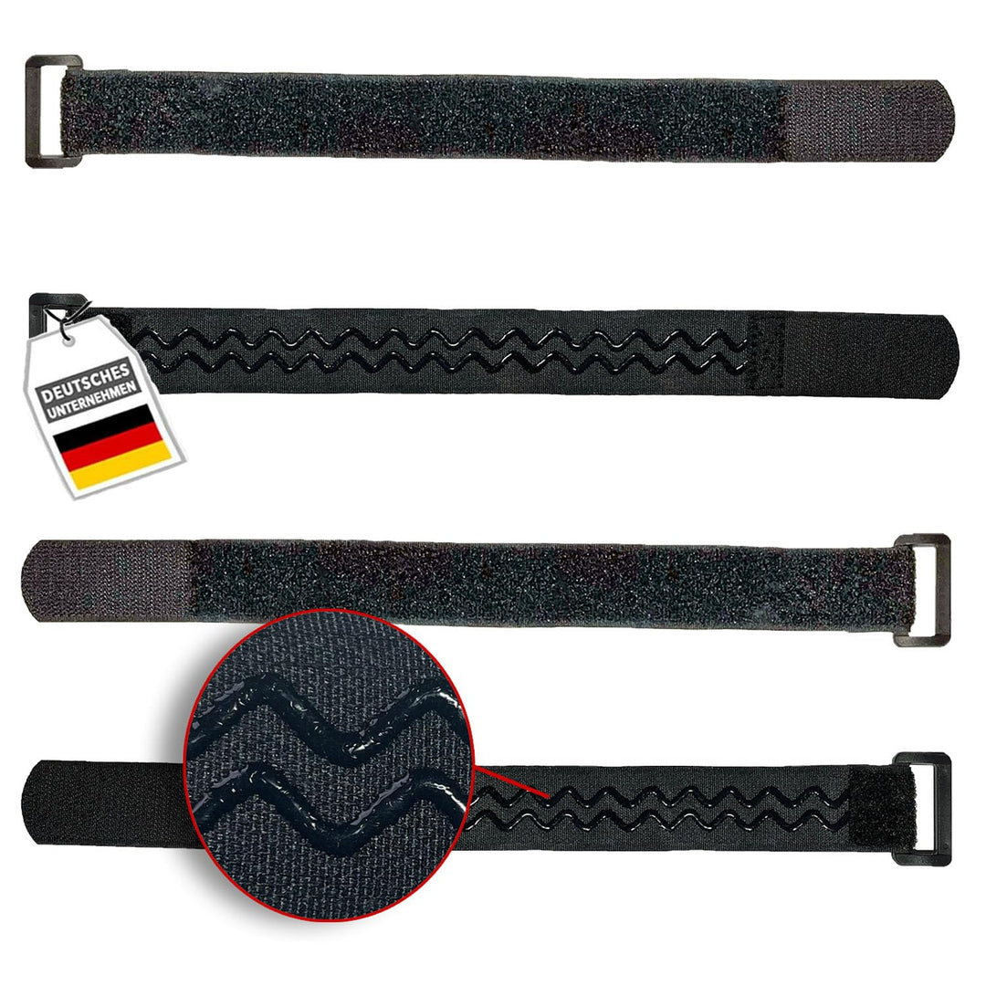 4x Klett-Kabelbinder 30cm schwarz mit Rutschstopp und Schnalle, ideal als Klett für Fahrrad oder Ski