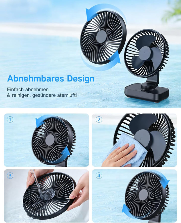 Tischventilator Automatisch Oszillierend, Leise 30 dB, Sanfter Luftstrom, 4500mAh Akku, USB-C, LED D