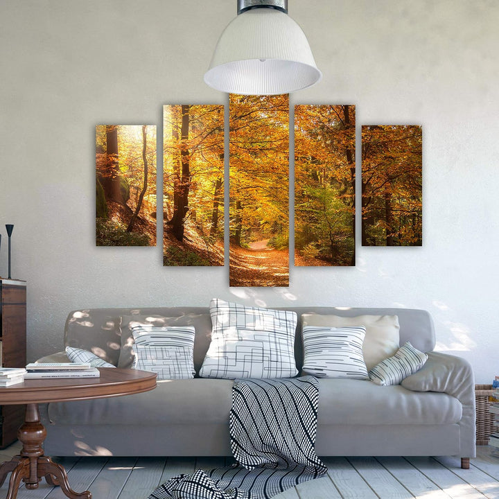 Wandbild XXL 5 Teilig Natur Leinwandbild Herbst Wald Pfad Bäume orange 300x140 cm Leinwandbild 300x1
