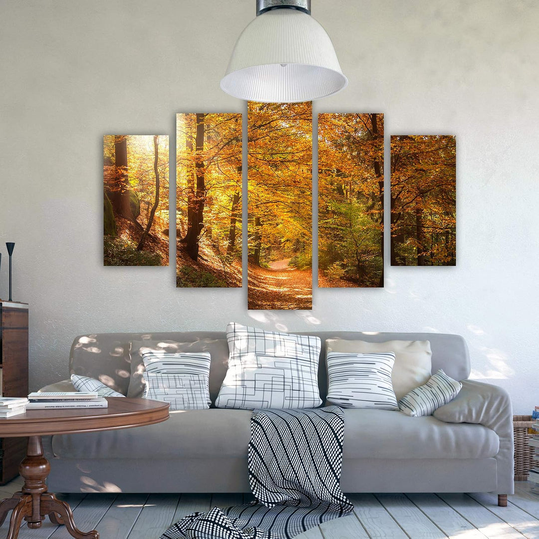 Bild auf Leinwand Natur 5 Teilig Modern Herbst Wald Pfad Bäume orange 150x100 cm Leinwandbild 150x10