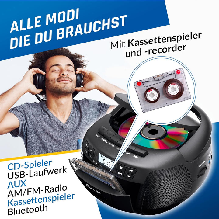 KLIM CD Player mit Kassette, Kassettenspieler, Kassettenrekorder, Radio mit CD und Kassette, CD Play