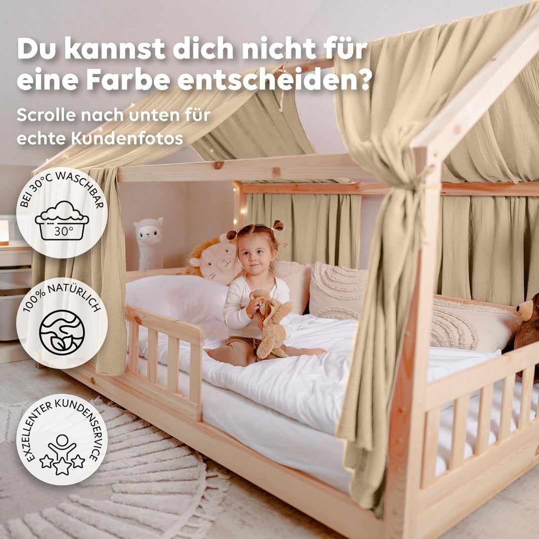 Hausbett Himmel [in 12 Farben] Betthimmel Hausbett aus 100% Baumwolle Musselin - Stoffhimmel für Hau