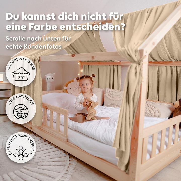 Hausbett Himmel [in 12 Farben] Betthimmel Hausbett aus 100% Baumwolle Musselin - Stoffhimmel für Hau