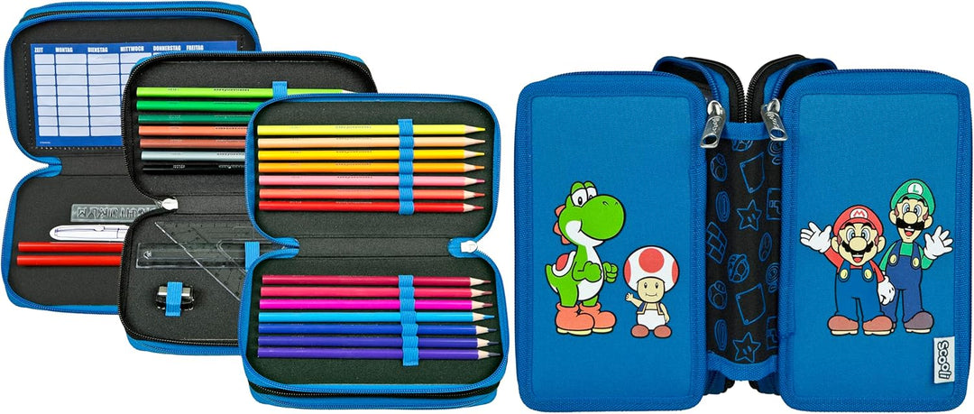 Scooli - Tripledecker Super Mario - Gefülltes Schüleretui mit hochwertigen Stiften & Zubehör - Ideal