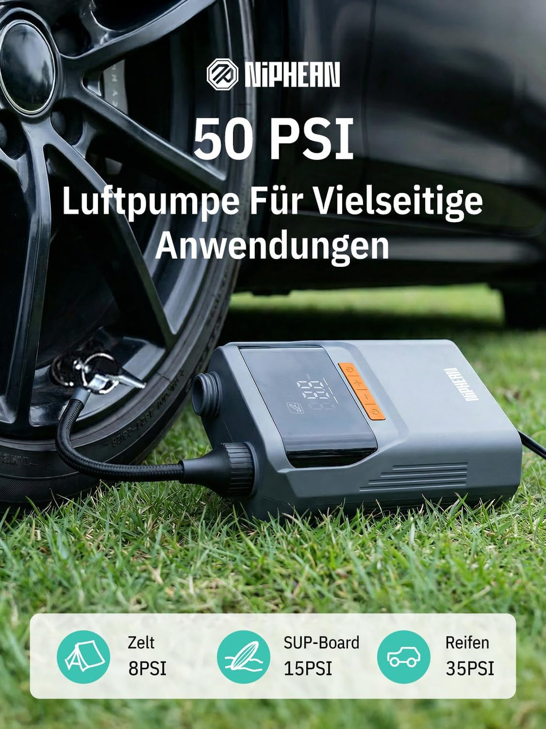 Niphean Elektrische Luftpumpe Akku, 50 PSI Luftpumpe Elektrisch für Autoreifen, Fahrrad, Luftmatratz