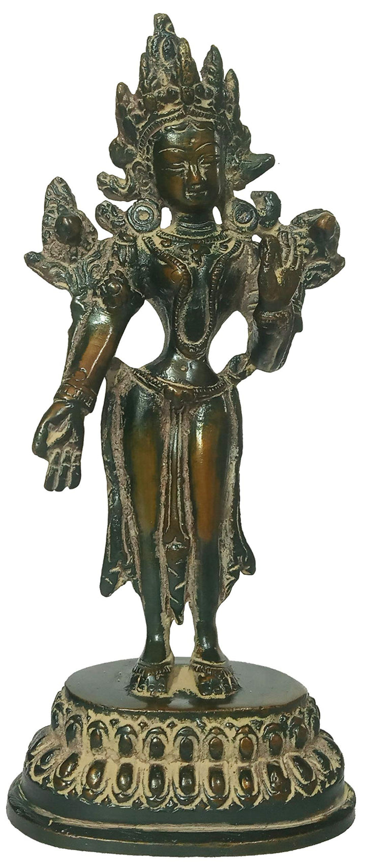 Purpledip Idol Syamatara Grüne Tara, aus Messing, stehend, antik-grüne Patina-Finish (12161)