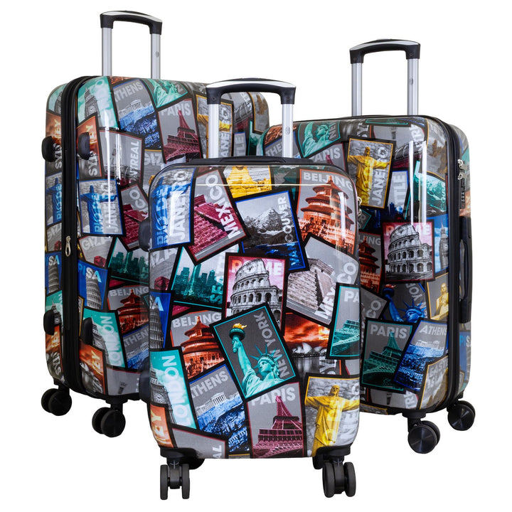 Trendyshop365 Koffer-Set 3-teilig Hartschale - bunt Motiv Weltreise Rio Athen Paris Kofferset 3-teil