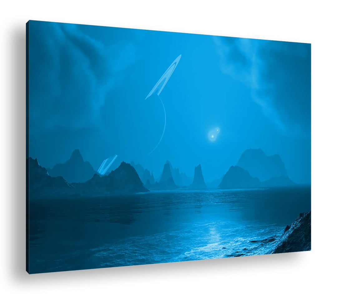 deyoli chaotische Landschaft mit Saturn am Himmel Format 80x60 Effekt: Monocrome Blau als Leinwandbi