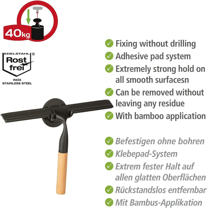 WENKO Turbo-Loc® Badezimmerwischer Bambusa aus Bambus und Edelstahl 24,3 x 17 x 3,5 cm Schwarz, 24,3
