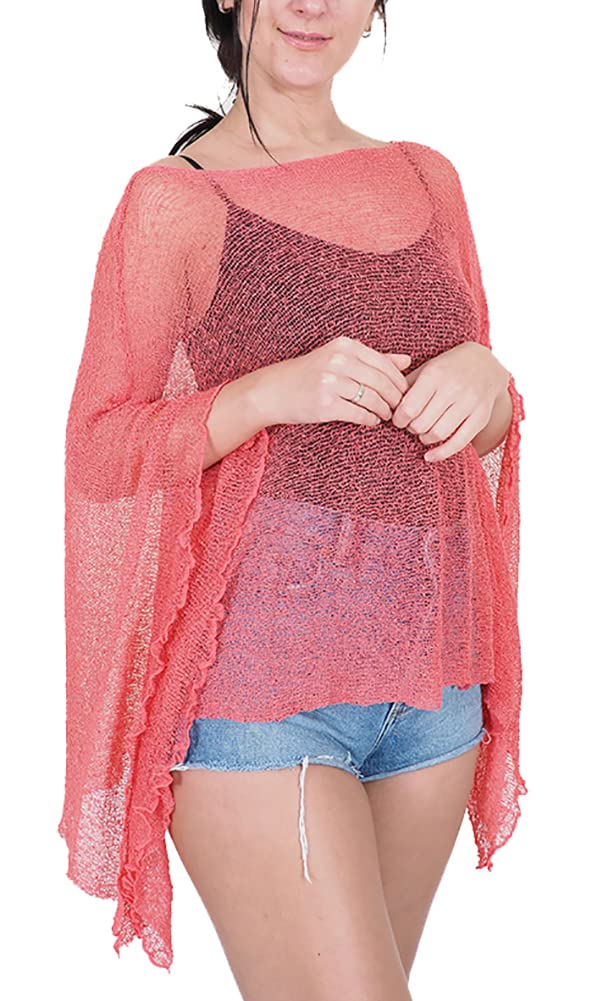 Damen Häkelspitze strecken Fisch-Netz Batwing Poncho Einheitsgrösse Grosse Grössen Coral, Einheitsgr